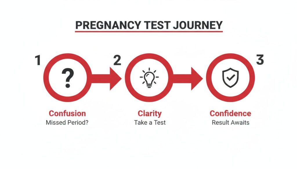 Infographic showing the three-step pregnancy test journey: Confusion, Clarity, and Confidence.