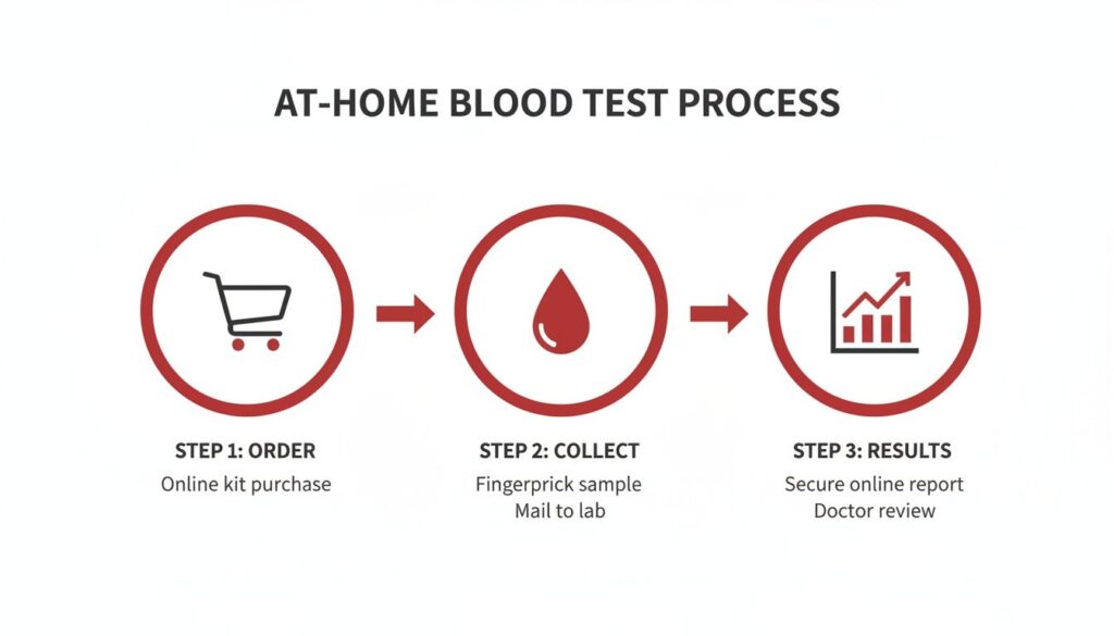 Diagram illustrating the three steps of an at-home blood test process: order, collect, and results.