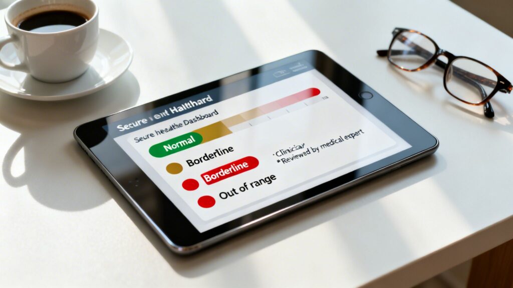 A tablet displays a health dashboard with color-coded 'Normal' and 'Borderline' results, next to a coffee cup and glasses.