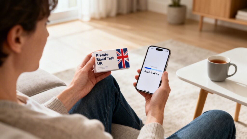 A person holds a 'Private Blood Test UK' kit and a smartphone showing 'Ready in 48 Hrs' results.