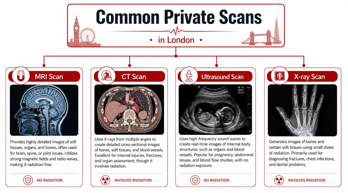 A diagnostic guide outlining common private medical scans in London including MRI, CT, Ultrasound, and X-ray.