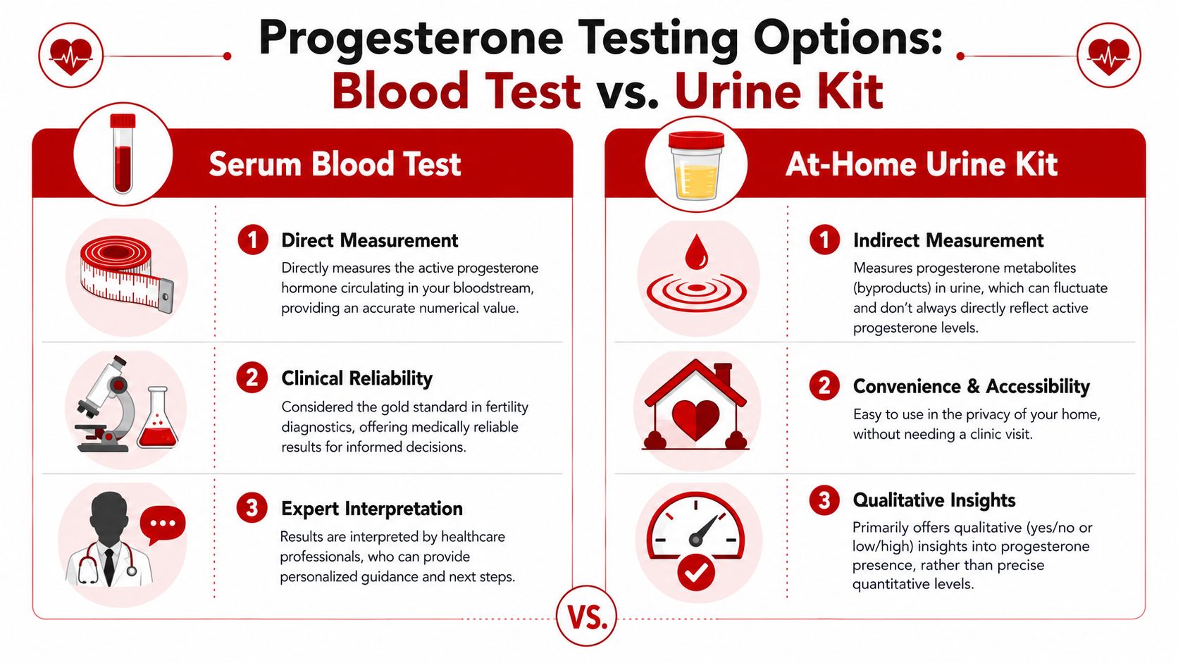A comparison chart showing the differences between professional serum blood tests and at-home urine progesterone testing kits.