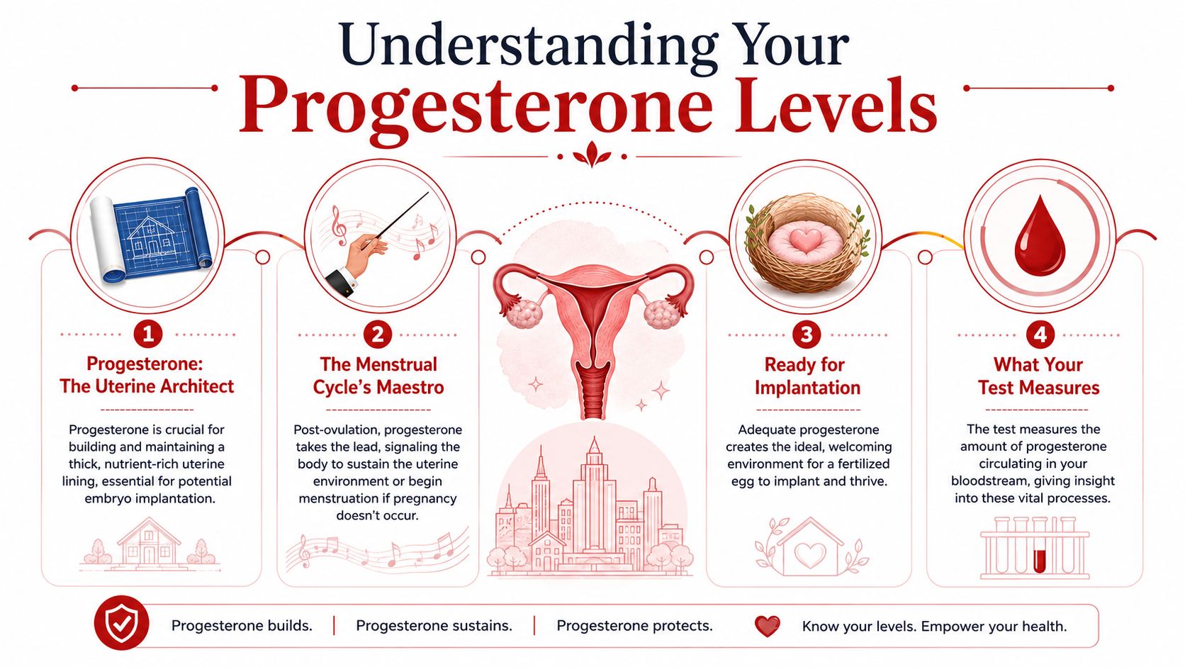 An infographic titled Understanding Your Progesterone Levels explaining its role in the menstrual cycle and fertility.