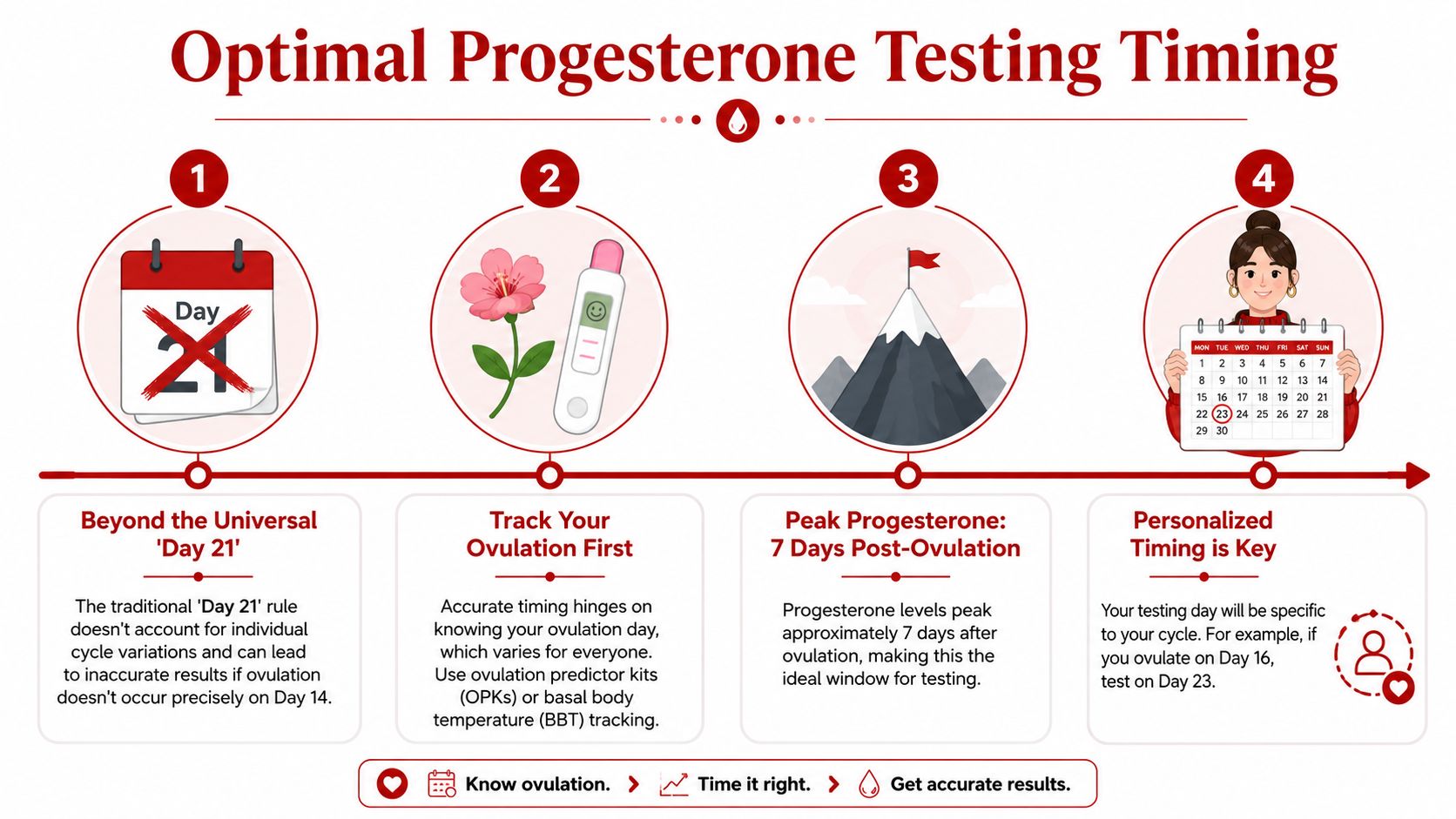 An infographic showing the steps for finding the optimal timing for a fertility progesterone test.