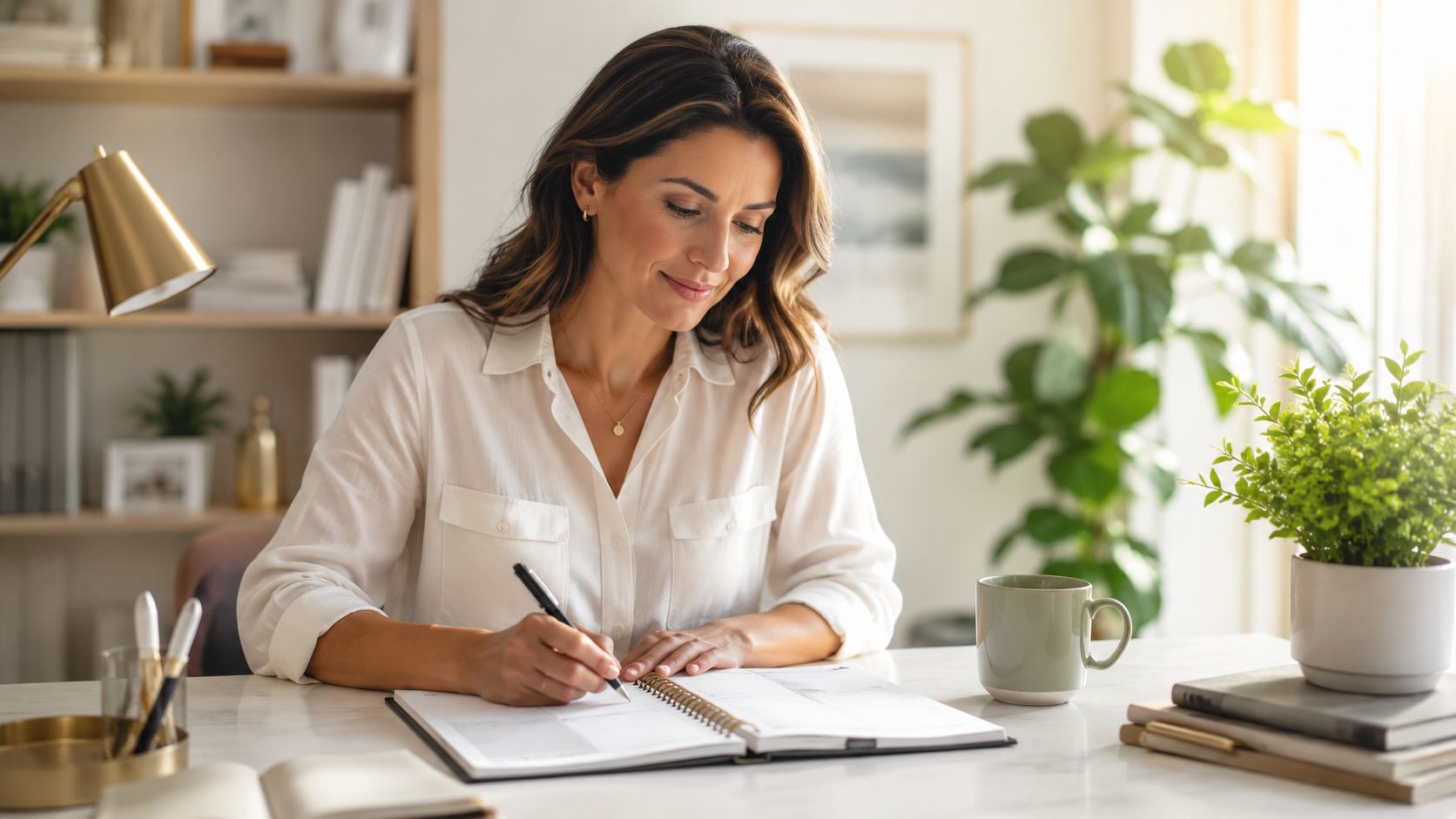 A professional woman writing in her planner at a clean, well-lit home office desk.