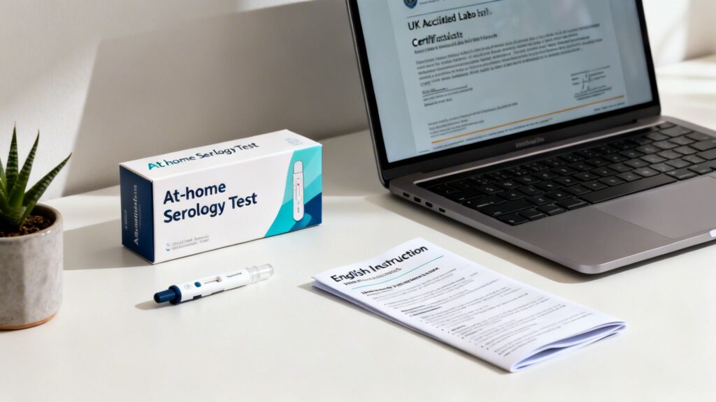 A table with an at-home serology test kit, instructions, a testing device, and a laptop displaying a certificate.
