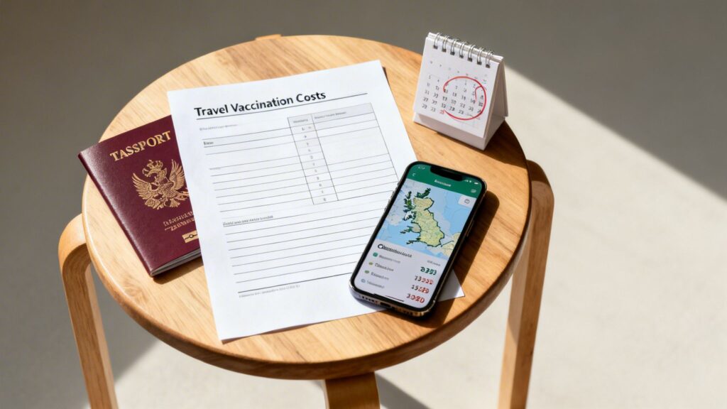 Travel planning flat lay with vaccination costs document, passport, smartphone map, and calendar on a wooden table.