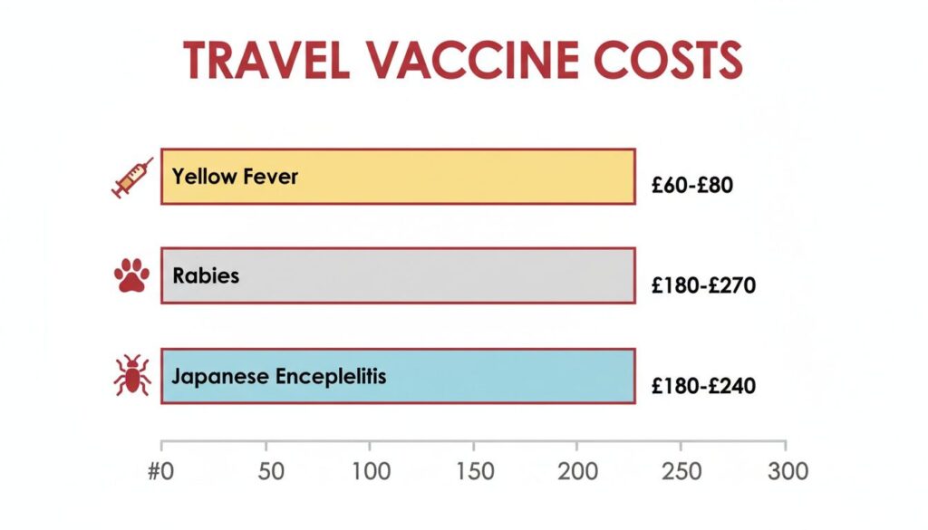 Bar chart illustrating travel vaccine costs for Yellow Fever, Rabies, and Japanese Encephalitis.