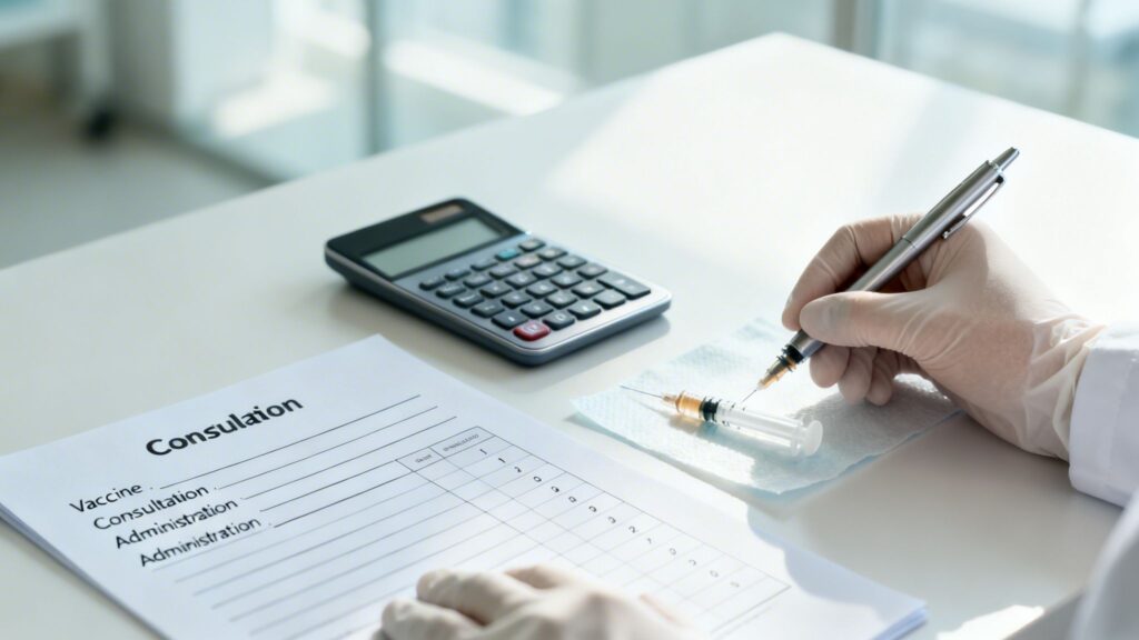 A gloved hand holds a pen over a medical consultation form with a calculator and syringe on the table.