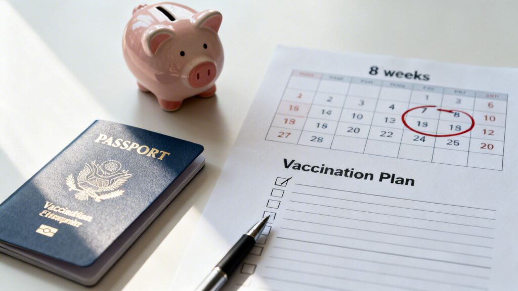 A passport, piggy bank, and a 'Vaccination Plan' document with a calendar, signifying travel health planning.