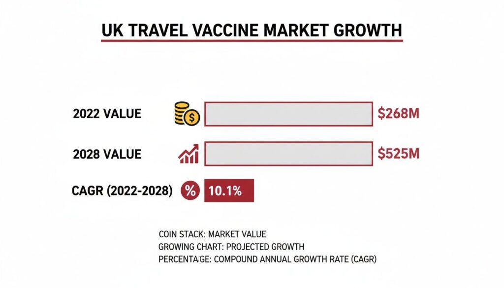 UK travel vaccine market growth data, showing 2022 and 2028 values and CAGR.