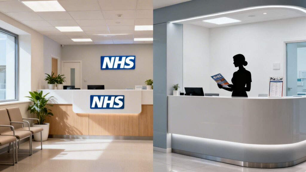 Two modern NHS reception desks, one with a waiting area, the other with a person silhouette.