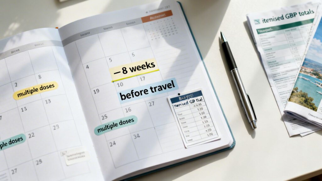 An open planner with notes like 'multiple doses' and '-8 weeks before travel', next to a budget and travel documents.