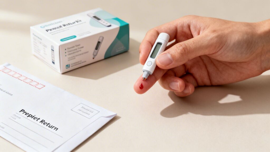 A person's hand using a lancing device to draw a blood sample, with a home test kit and return envelope.