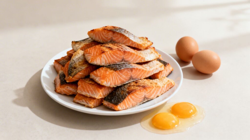 Grilled salmon fillets piled on a white plate with whole eggs and raw yolks on a light background.