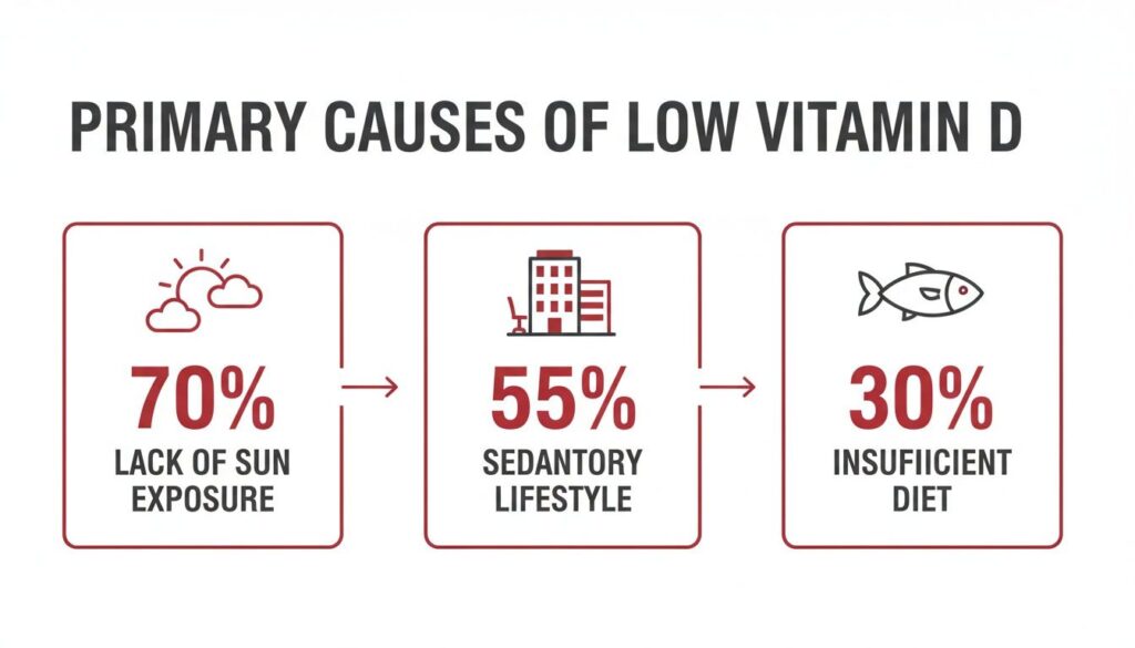 Infographic illustrating the primary causes of low Vitamin D: lack of sun exposure, sedentary lifestyle, and insufficient diet.