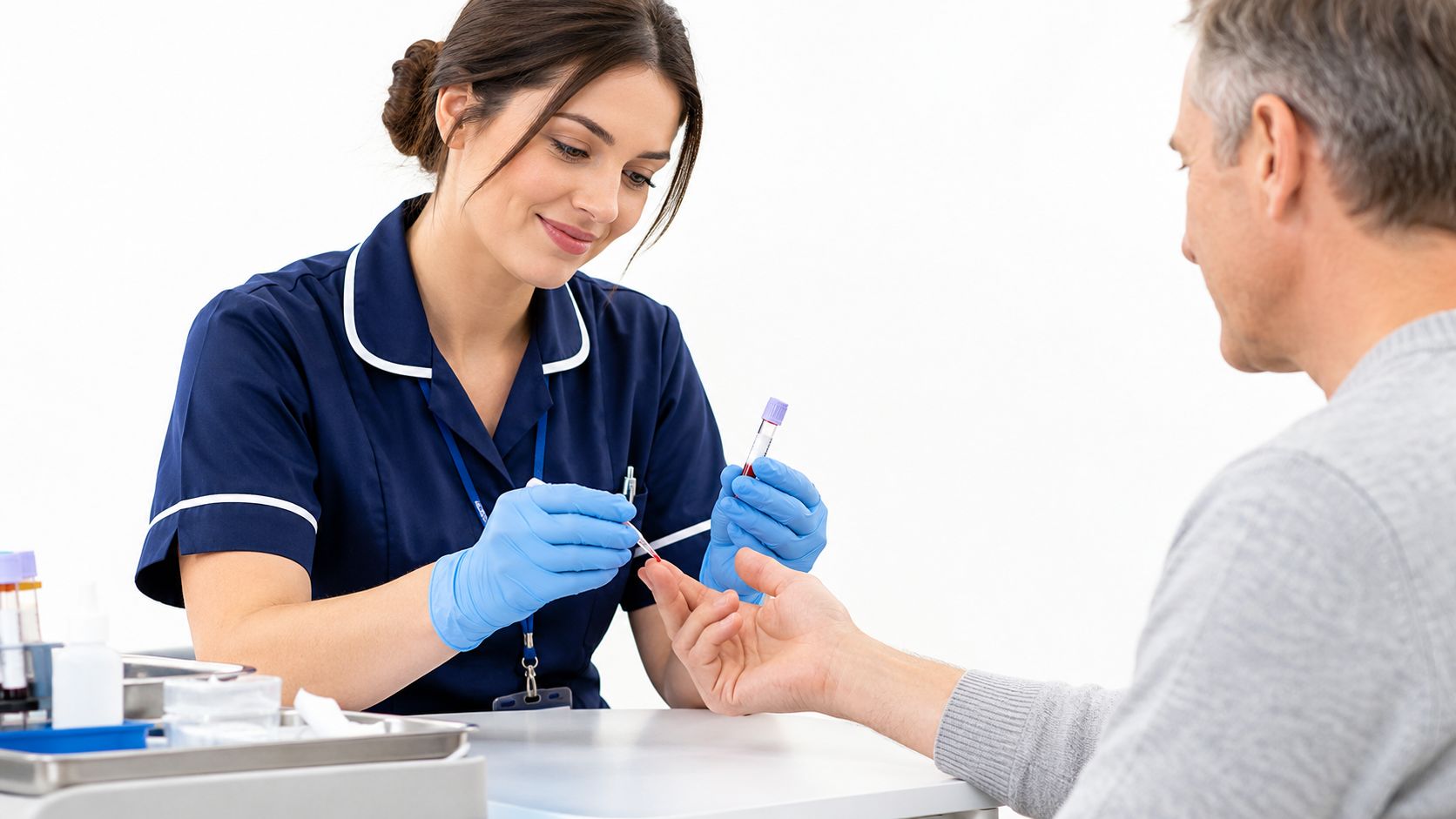 A smiling healthcare professional performing a blood sugar test on a patient's fingertip in a clinical setting.