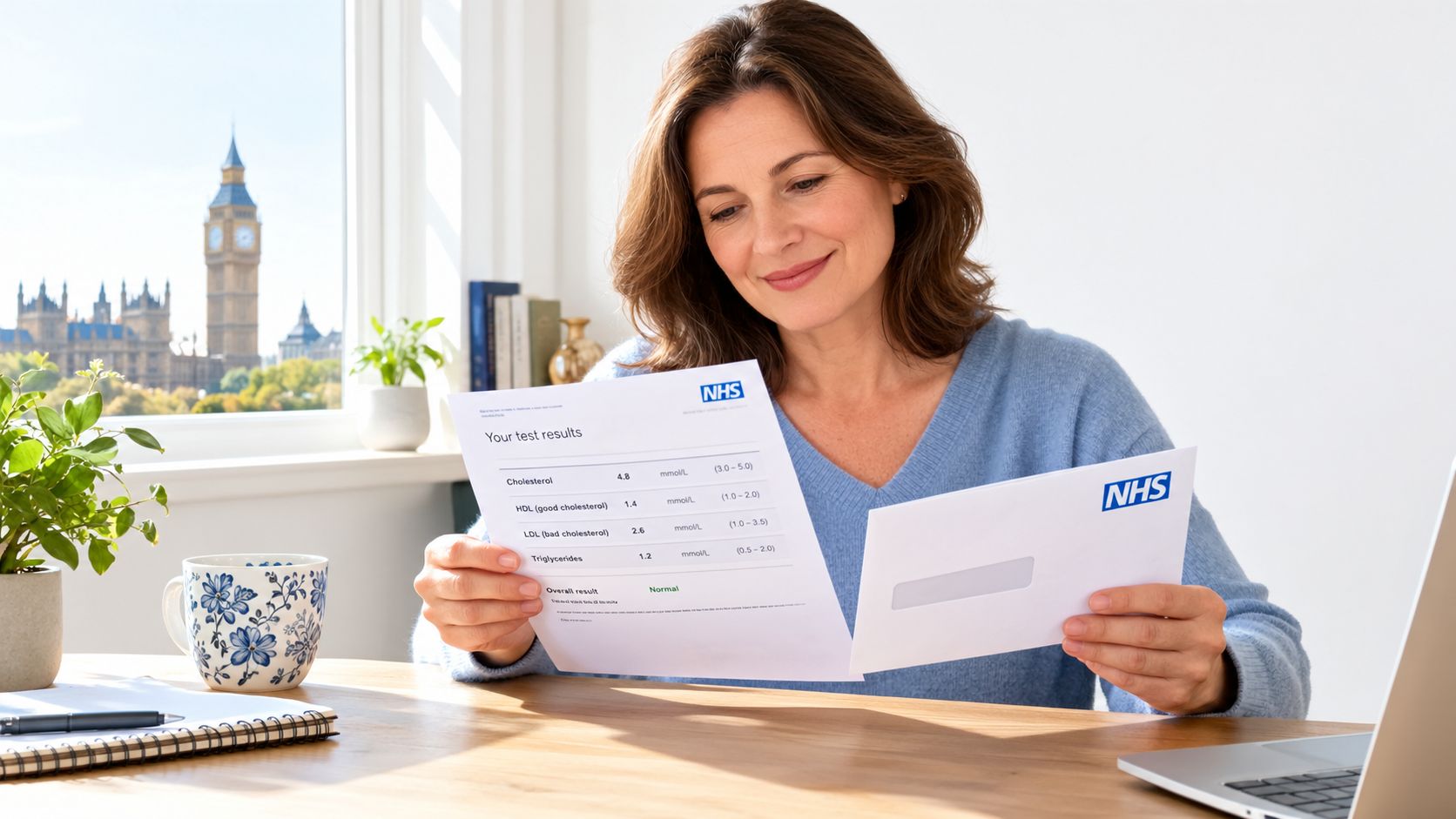 A smiling woman sitting at a desk reading her NHS cholesterol blood test results in London.
