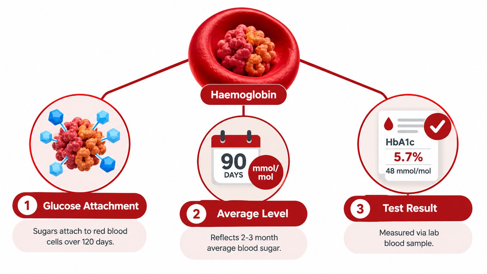 A diagram explaining the HbA1c blood test process, from glucose attachment to laboratory test results.