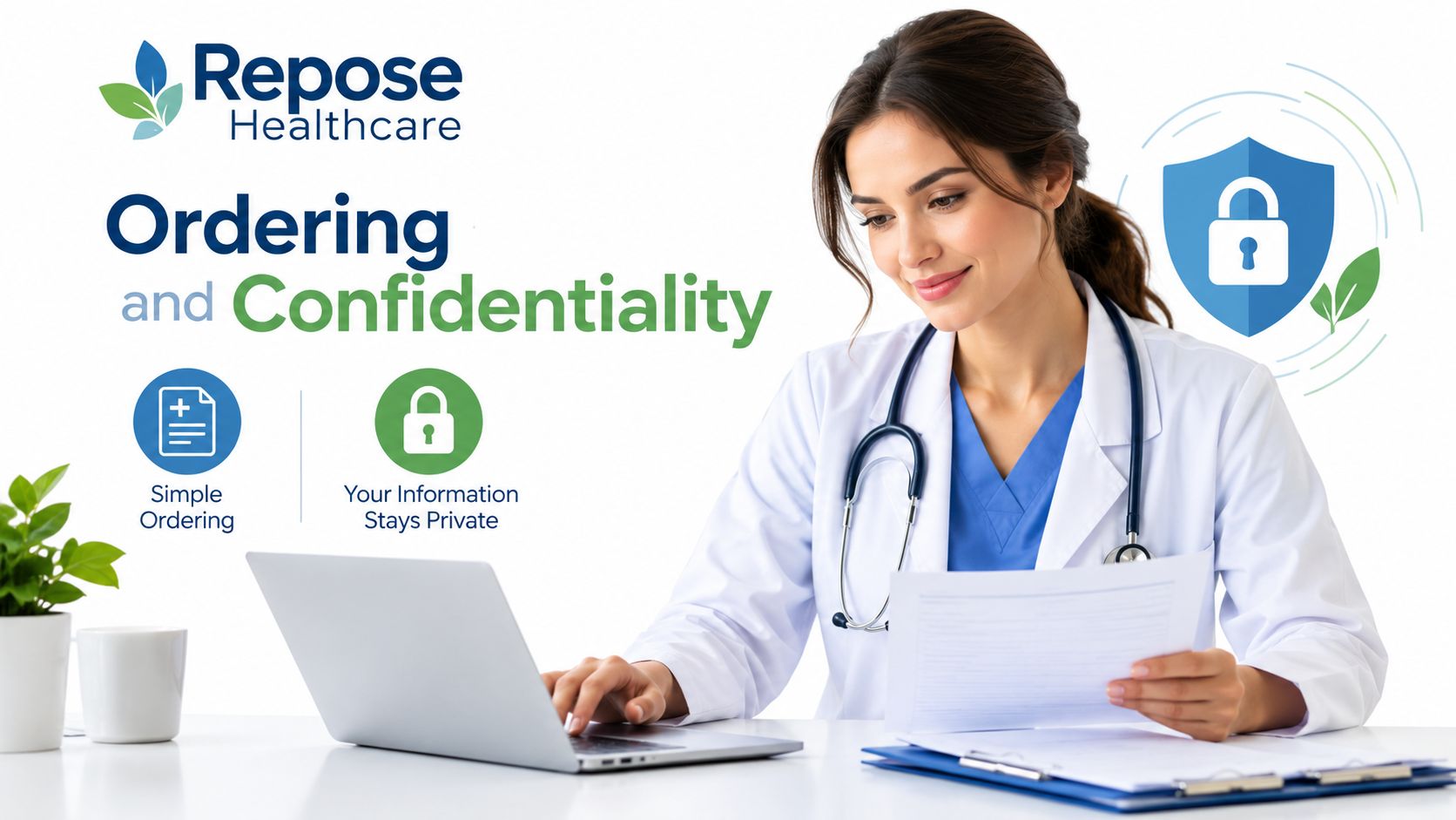 A professional doctor reviewing documents and using a laptop to illustrate Repose Healthcare ordering and confidentiality services.