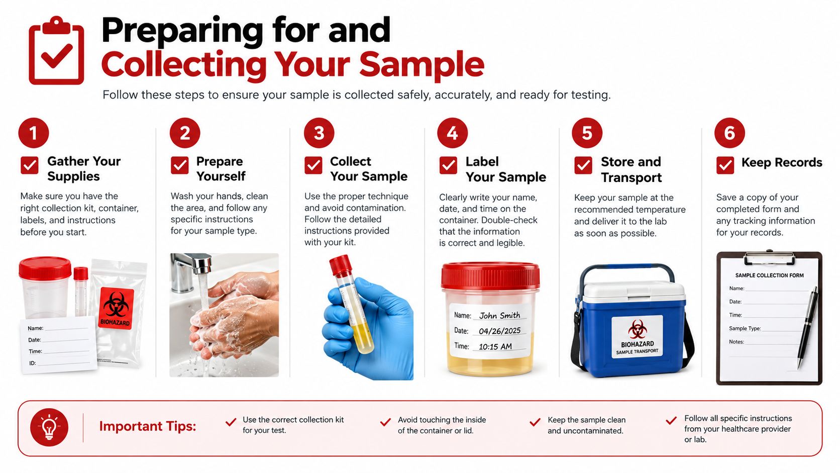A six-step guide infographic for preparing and collecting a medical sample safely and accurately at home.