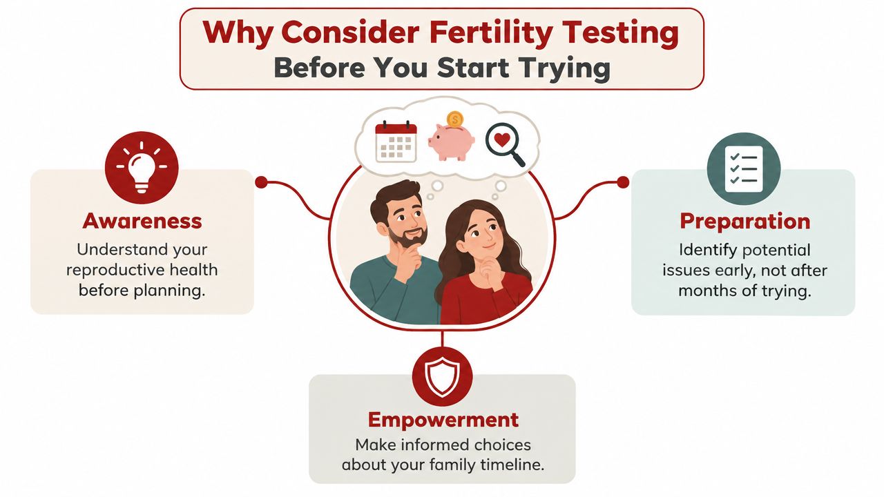 An infographic explaining the benefits of fertility testing before trying to conceive, highlighting awareness, preparation, and empowerment.