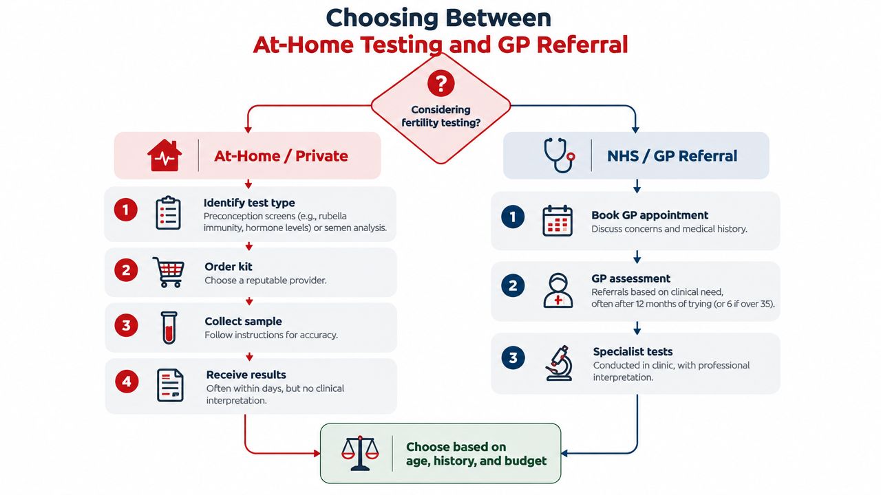 A flowchart comparing at-home private fertility testing versus NHS GP referral steps for patients considering fertility checkups.