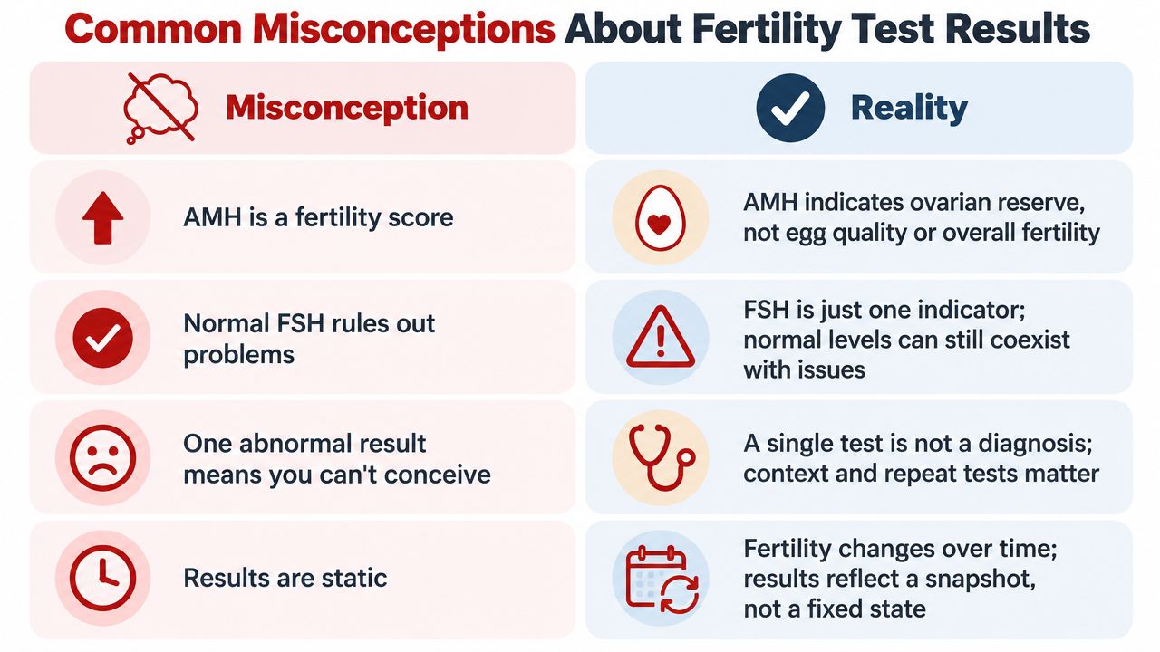 A chart comparing common misconceptions and the reality regarding various fertility test results, including AMH and FSH markers.