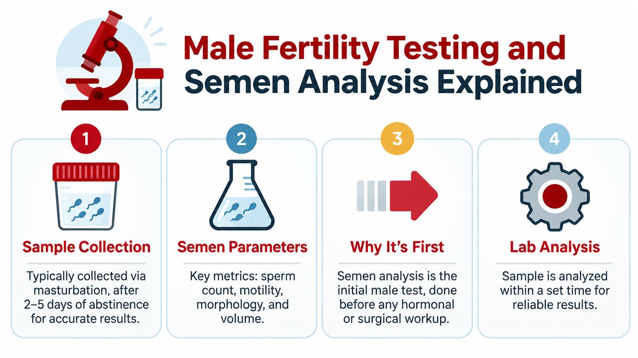 An infographic detailing the four steps of male fertility testing and semen analysis for reproductive health.