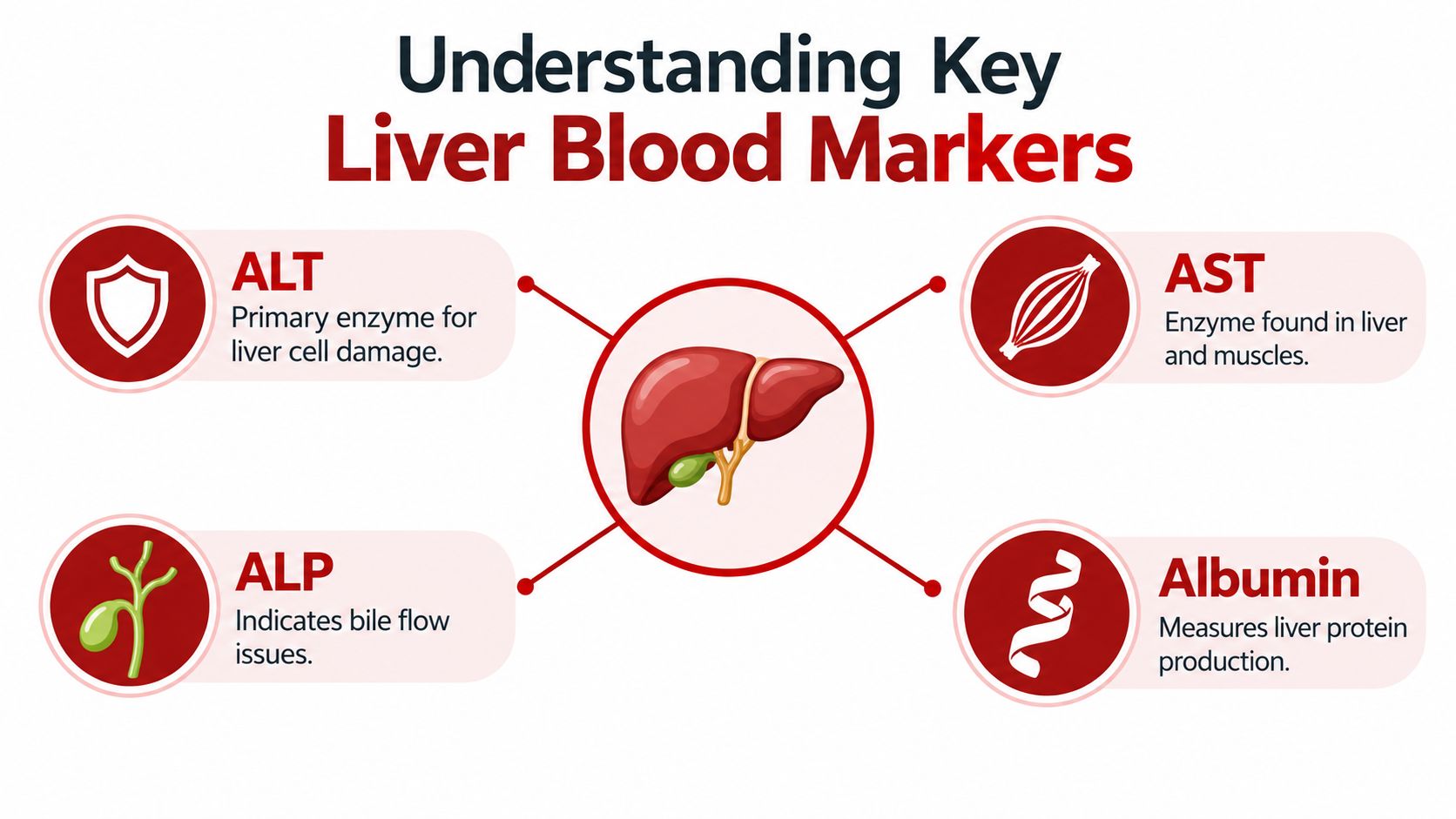 An educational infographic explaining the four key liver blood markers: ALT, AST, ALP, and Albumin.