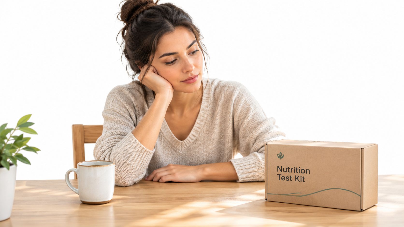 A woman sits at a table thoughtfully looking at a cardboard nutrition test kit box.
