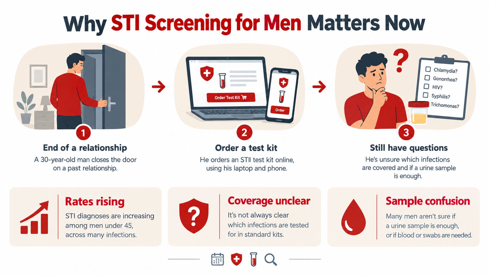 An infographic illustrating the process and concerns of STI screening for men after a relationship ends.